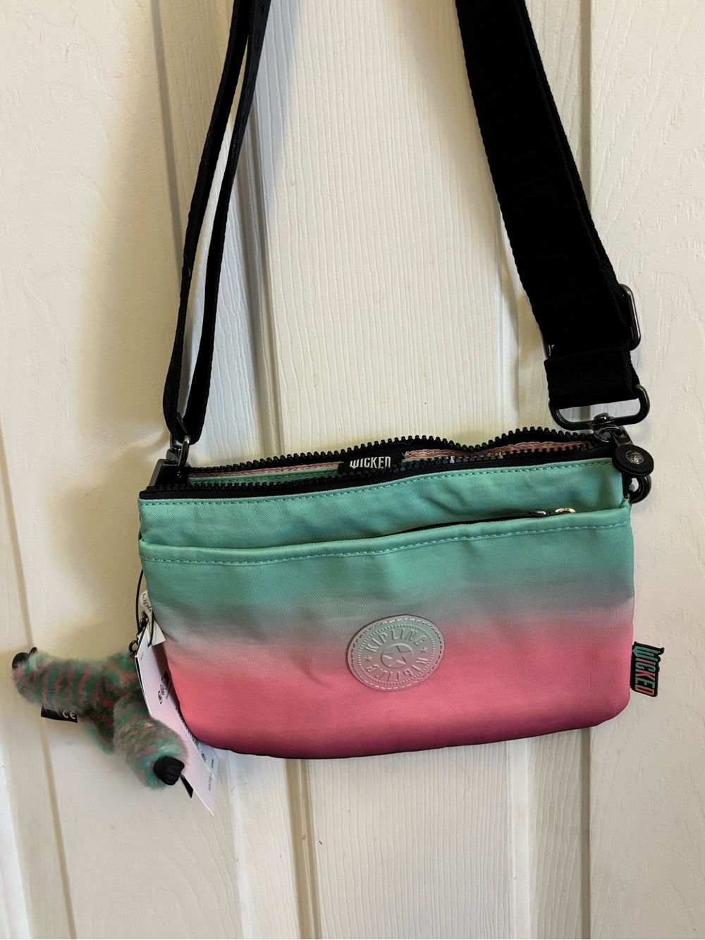 Kipling Gradient Teal to Pink Crossbody Bag with Black Strap